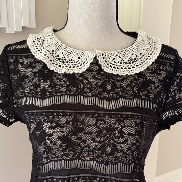Forever 21 Sheer Black Lace Crochet Peter Pan Collar Short Sleeve Top M - Picture 2 of 8